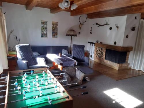 a living room with a pool table and a couch at Chalupa František Filipovice in Filipovice