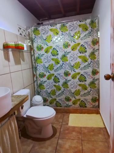 a bathroom with a toilet and a shower curtain at Brisas del Caribe, casa 5 in Puerto Viejo