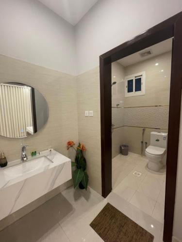 a bathroom with a sink and a toilet and a mirror at شقق فندقيه فاخره بتصمم عصري ودخول ذاتي in Jeddah