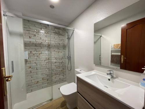 a bathroom with a sink and a toilet and a mirror at Casa Albillo in Tudela