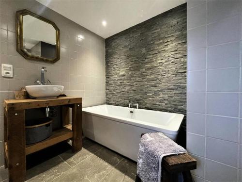 Saint-Marcel的住宿－Résidence Stone Shed - 5 Pièces pour 8 Personnes 981，带浴缸、水槽和镜子的浴室