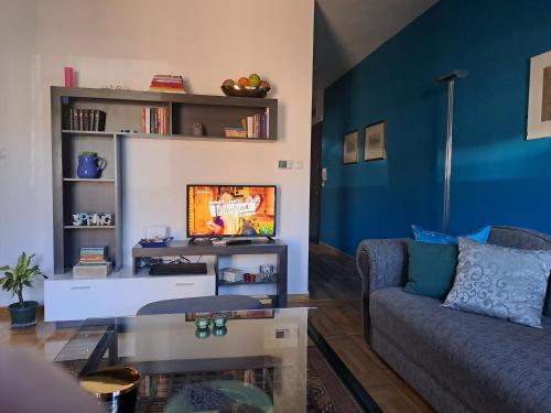 a living room with a couch and a tv at Apartman Ana in Kumodraž