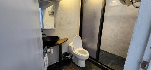 a small bathroom with a toilet and a shower at Hotel Tao in Atlixco