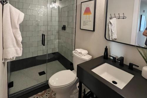 a bathroom with a toilet and a sink and a shower at Peaceful Retreat on Quiet Cove on Lake Travis in Lakeway