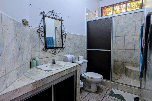 a bathroom with a toilet and a sink and a shower at The Guamacaya House in Copan Ruinas