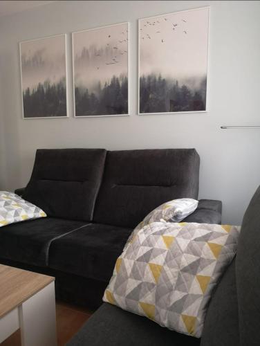 a living room with a couch and two pictures on the wall at Apartamento las huellas in Arnedillo