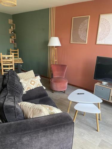 a living room with a couch and a tv at CHARMANT APPARTEMENT AVEC GRANDE CAPACITÉ D’ACCUEIL in Saint-Jacques-de-la-Lande