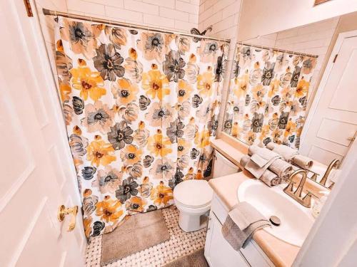 een badkamer met een douchegordijn, een toilet en een wastafel bij Pet Friendly/3 King Beds/Mins to Airport in Colorado Springs