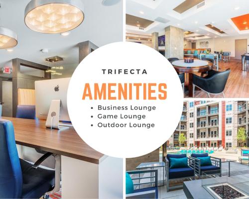 a collage of photos of a restaurant with a table and chairs at Trifecta Luxury Serviced Apartment in Uptown CLT in Charlotte
