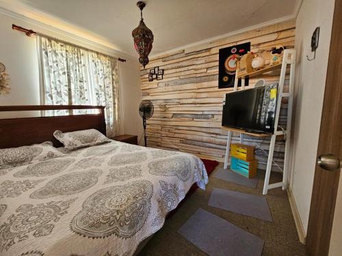 1 dormitorio con 1 cama y TV de pantalla plana en RÚSTICA VIZCACHAS, en Puente Alto