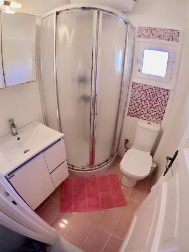 a small bathroom with a shower and a toilet at PARIS HOUSE in Mikonos