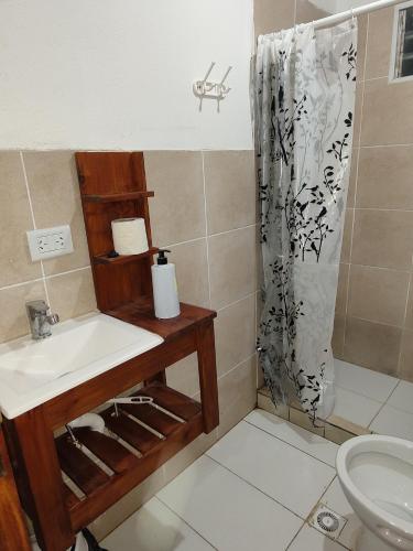 La salle de bains est pourvue d'un lavabo et d'un rideau de douche. dans l'établissement Departamentos teuli, à Puerto San Julian