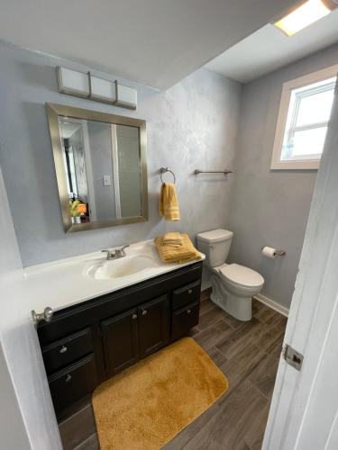 a bathroom with a sink and a toilet and a mirror at 311 Sunflower in Marble Falls
