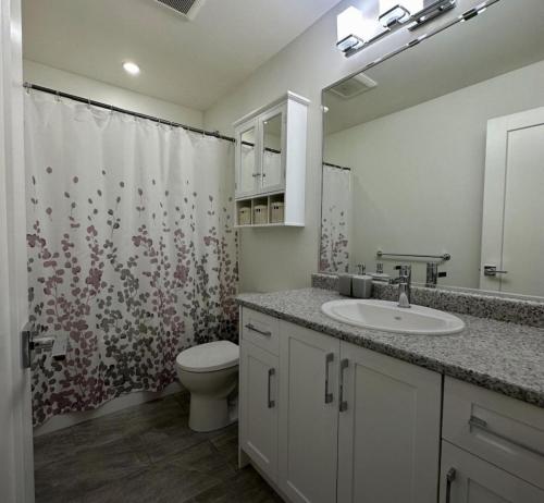 a bathroom with a sink and a toilet and a shower curtain at Life house loft in Sooke
