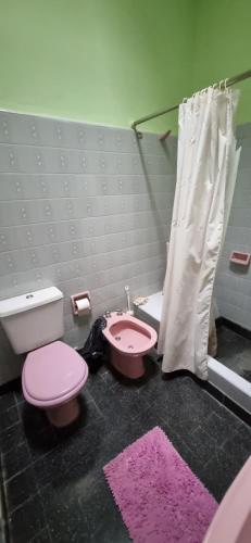 ein Badezimmer mit einem rosa WC und einer Dusche in der Unterkunft Junin 483 in Victoria
