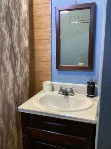 een badkamer met een wastafel en een spiegel bij Casa Victoria in San Benito