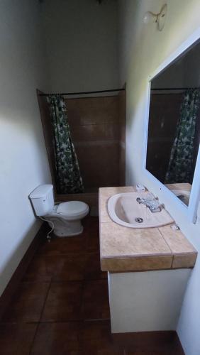 uma casa de banho com um lavatório, um WC e um espelho. em Villa Santos em Escuintla