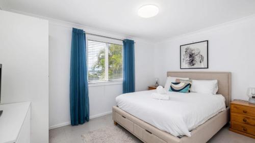 um quarto com uma cama grande e cortinas azuis em Embracing Dutchies em Nelson Bay