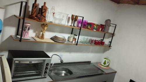 a kitchen with a sink and a microwave at Alojamiento Matheo in El Soberbio