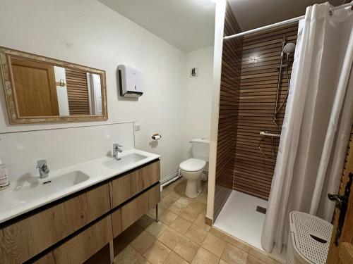 een badkamer met een wastafel, een toilet en een douche bij La murette in Solignac