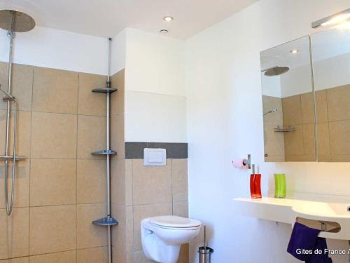 uma casa de banho com um WC, um lavatório e um chuveiro em Gîte Échassières, 6 pièces, 10 personnes - FR-1-489-201 em Échassières