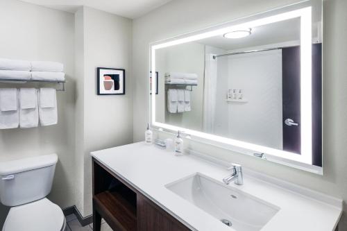a bathroom with a sink and a large mirror at Holiday Inn & Suites Stillwater-University West by IHG in Stillwater