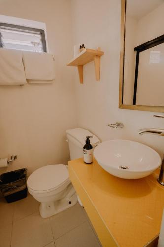 a bathroom with a white toilet and a sink at Hotel Cielo y Selva, San Cristobal de las Casas in San Cristóbal de Las Casas