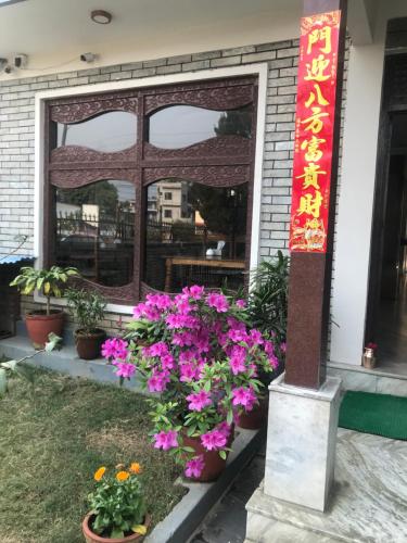 博卡拉的住宿－博克拉美景酒店，建筑物前的花卉展示