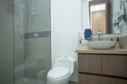 a bathroom with a toilet and a sink and a shower at Apartment With natural view in Cartagena de Indias