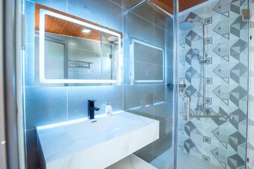 La salle de bains est pourvue d'un lavabo et d'une douche avec un miroir. dans l'établissement Hana Villa Long An, à Long An