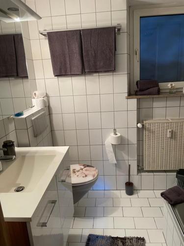 La salle de bains blanche est pourvue d'un lavabo et de toilettes. dans l'établissement Streuobst-Action, à Burgbernheim
