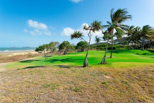 a golf course with palm trees and the ocean at Driftwood on the Beach in Yeppoon