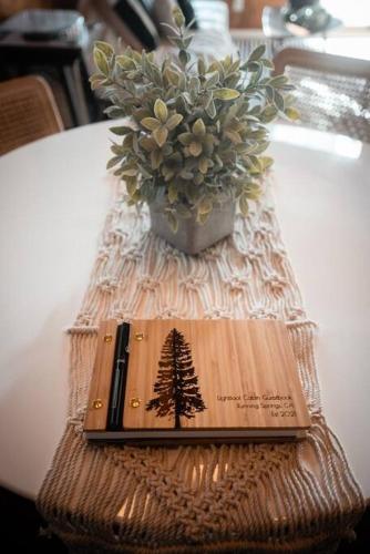 a vase with a pine tree on top of a table at Mid-Century Cabin Perfect for Romantic Getaway in Running Springs