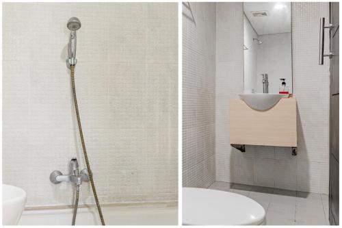 two pictures of a bathroom with a shower and a sink at Super OYO Airport Kuta Bali Hotel in Kuta