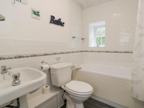 a white bathroom with a toilet and a tub and a sink at Halcyon Annexe in Moelfre
