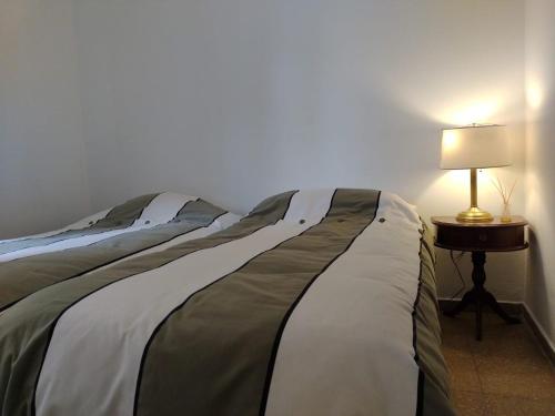 Bett in einem Zimmer mit einer Lampe auf einem Tisch in der Unterkunft Depa 900 cómodo remodelado centro cerca de todo in Cordoba