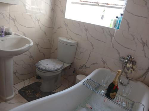 a bathroom with a toilet and a tub and a sink at Sbukosezwe guest house in Johannesburg