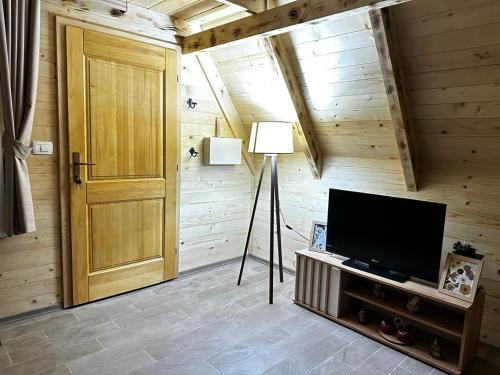 um quarto com uma televisão, um candeeiro e uma porta em Forest rest em Pluzine