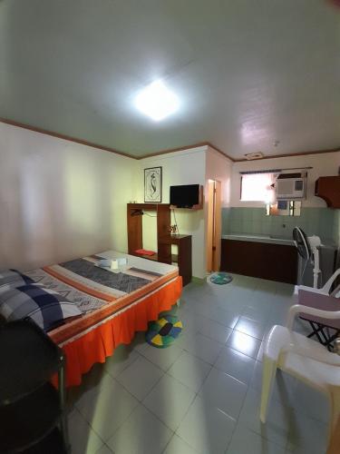 a bedroom with a bed and a tv in a room at Reynaldo's Upstairs in Puerto Galera