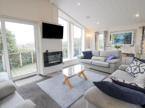 a living room with two couches and a tv at Oyster Bay Lodge in Dalbeattie