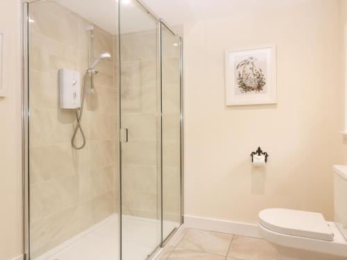 a bathroom with a shower and a toilet at South Mains Cottage - Craigievar Castle in Alford