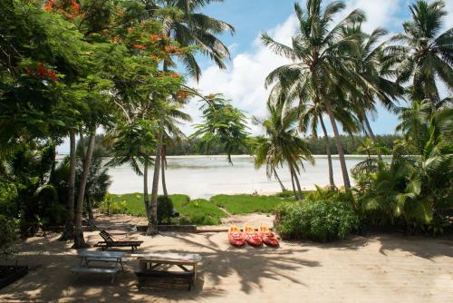 a beach with palm trees and a body of water at B's Beach House on Muri Lagoon in Rarotonga