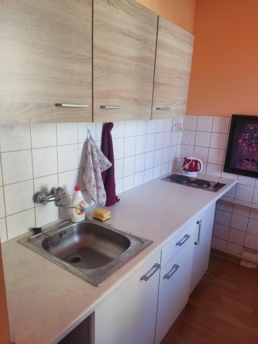 a kitchen with a sink and a counter top at Jednoizbový byt v centre Banskej Bystrice in Banská Bystrica