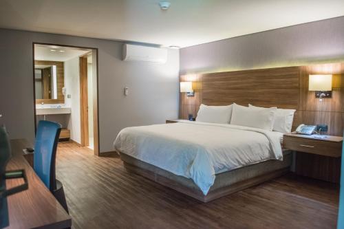 Cette chambre comprend un grand lit et une salle de bains. dans l'établissement Holiday Inn Express Morelia, an IHG Hotel, à Morelia
