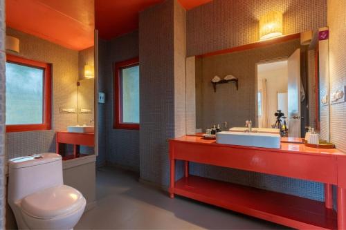 a bathroom with a sink and a toilet and a mirror at Seclude Palampur in Pālampur