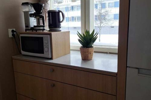 a microwave sitting on top of a dresser with a plant at Kaunis yksiö lähellä keskustaa in Hyvinkää