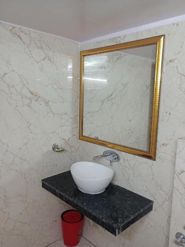 a bathroom with a white sink and a mirror at Hotel Airlines in Amritsar