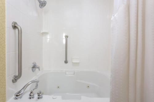 een badkamer met een bad en een douchegordijn bij Holiday Inn Express Tower Center New Brunswick, an IHG Hotel in East Brunswick