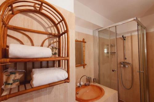 une salle de bain avec une douche, un lavabo et un miroir dans l'établissement Studio Port Jo CLIM WIFI Garage et Piscine au Couchant 3pers - ROSSIconciergerie - Linge inclus, à La Grande Motte