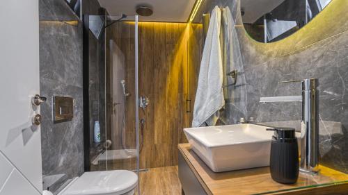 ein Bad mit einem WC, einem Waschbecken und einer Dusche in der Unterkunft Villa Myra Elite in Demre